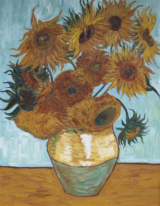 After Van Gogh, oil on canvas, Sunflowers, 90 x 69cm